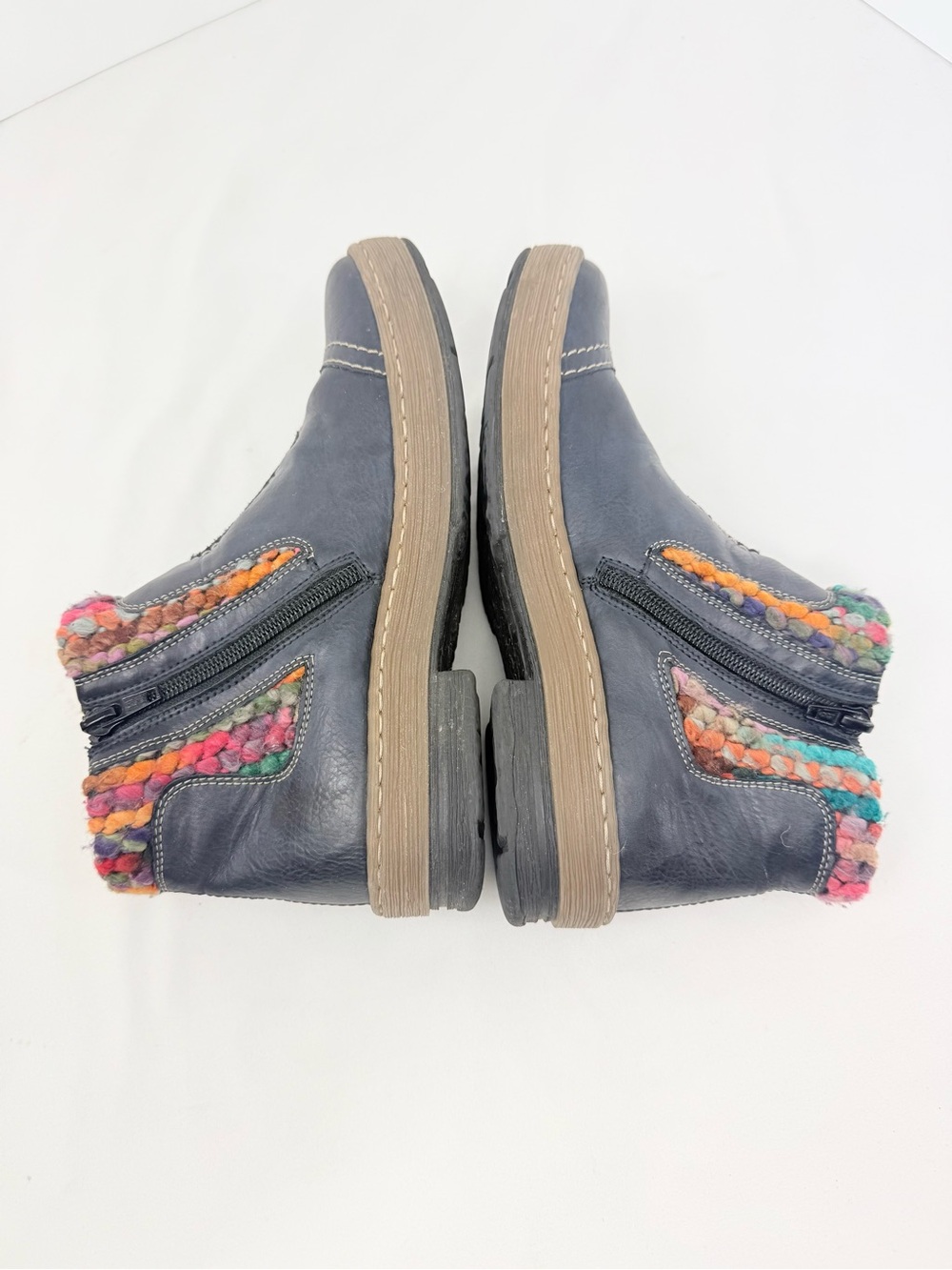 Rieker FELICITAS Ocean Blue Leather Multicolor Yarn Wool Fleece Zip Ankle Boots - Picture 9 of 16